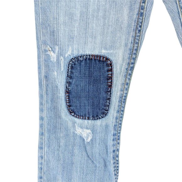 Old Navy Y2K Patchwork Capri Blue Jeans Cropped Light Wash Distressed Size 6 - Picture 4 of 11